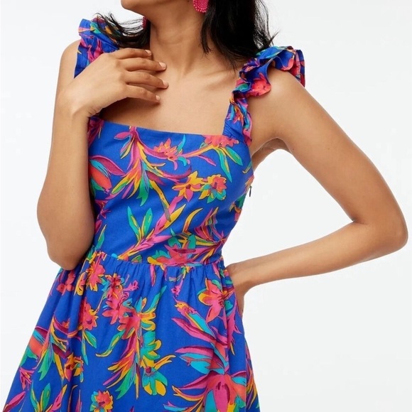 J.Crew Square Neck Midi Dress Blue Tropical Floral Resort - Picture 2 of 11